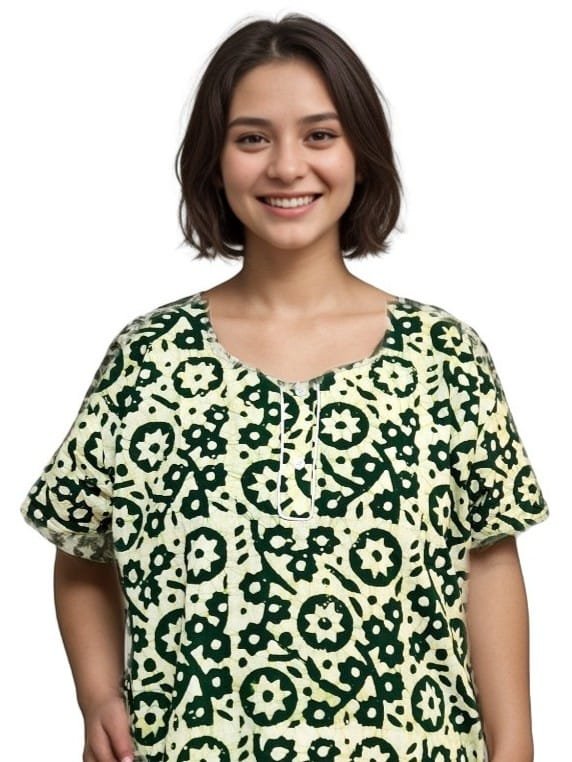 Dark Green Batik Pure Cotton Nighty | A-line | 5XL, Bust Size 50” | N248