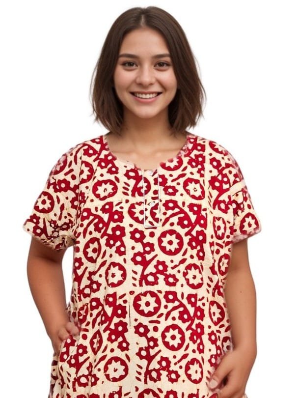 Dark Red Batik Pure Cotton Nighty | A-line | 5XL, Bust Size 50” | N249