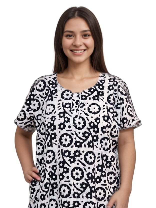 Navy Blue Batik Pure Cotton Nighty | A-line | 5XL, Bust Size 50” | N250