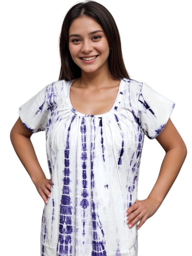 Purple & White Shibori Round Neck Pure Cotton Nighty | Relaxed Fit | XXL, Bust Size 44” | N256