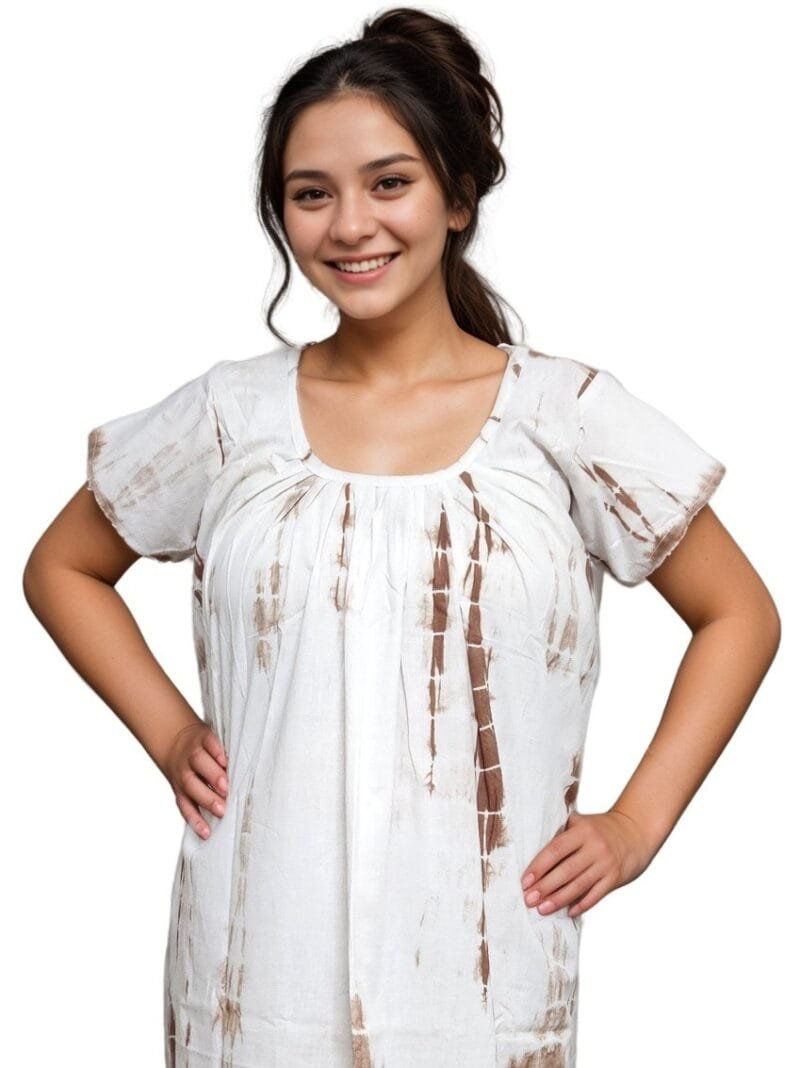 Brown &  White Shibori Round Neck Pure Cotton Nighty | Relaxed Fit | XXL, Bust Size 44” | N258