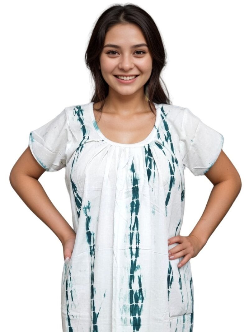 Dark Green & White Shibori Round Neck Pure Cotton Nighty | Relaxed Fit | XXL, Bust Size 44” | N259