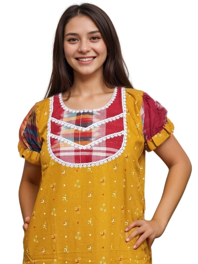 Mustard Yellow Pure Cotton Nighty with Gamcha Yoke and Lacework | A-line | 4XL, Bust Size 48” | N260