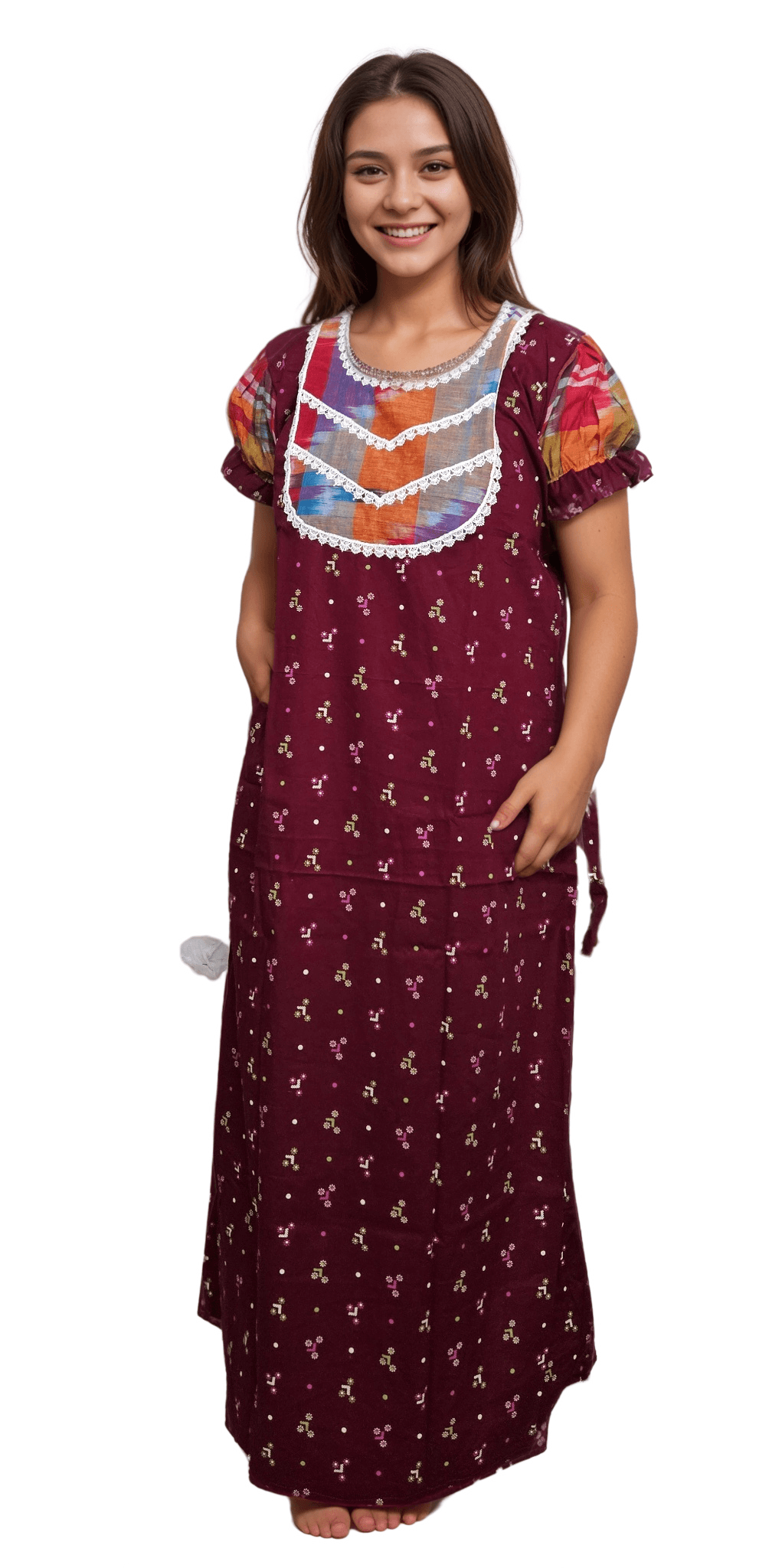 N261 2 Dark Maroon Pure Cotton Nighty with Gamcha Yoke and Lacework | A-line | 4XL, Bust Size 48” | N261 - Image 3