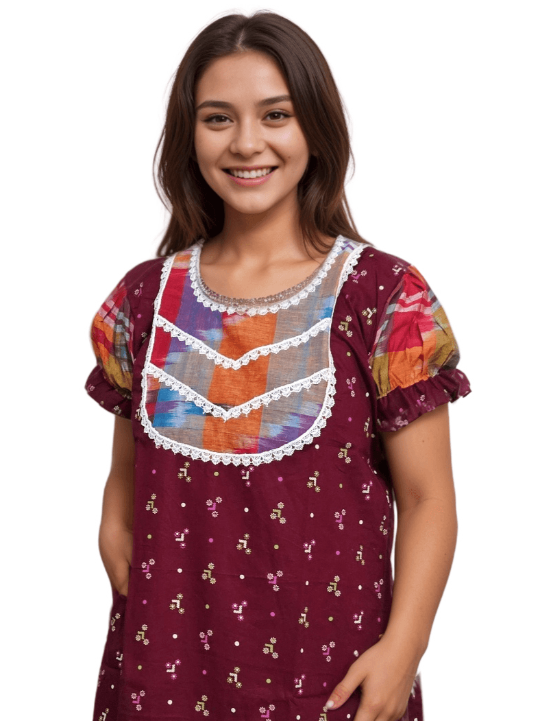 Dark Maroon Pure Cotton Nighty with Gamcha Yoke and Lacework | A-line | 4XL, Bust Size 48” | N261
