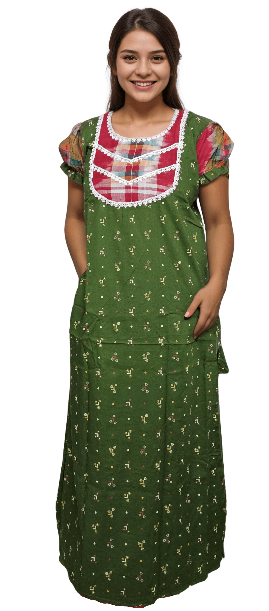 N262 2 Green Pure Cotton Nighty with Gamcha Yoke and Lacework | A-line | 4XL, Bust Size 48” | N262 - Image 3