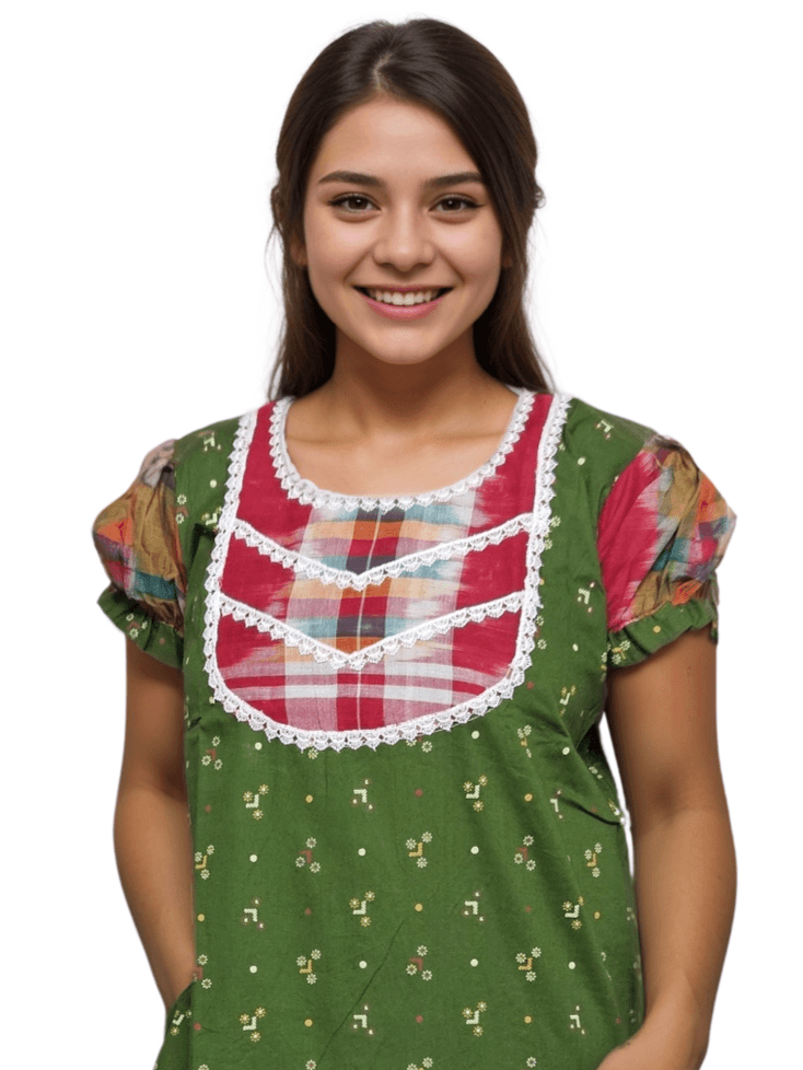 Green Pure Cotton Nighty with Gamcha Yoke and Lacework | A-line | 4XL, Bust Size 48” | N262