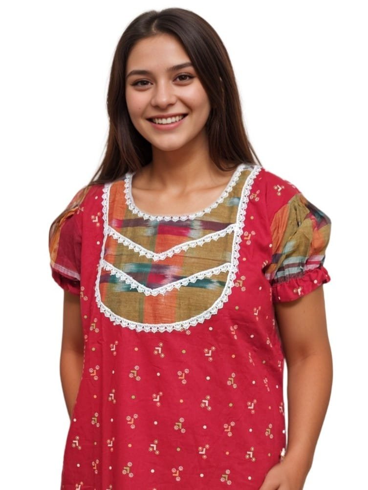 Red Pure Cotton Nighty with Gamcha Yoke and Lacework | A-line | 4XL, Bust Size 48” | N263