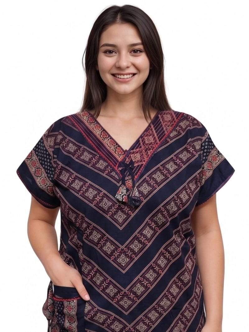 Dark Blue Ajrakh Print Pure Cotton Nighty | A-line | Relaxed Fit | 3XL, Bust Size 46” | N264