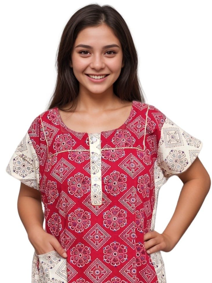 Red and Beige Kantha Stich Print Pure Cotton Nighty | A-line | 4XL, Bust Size 48” | N265