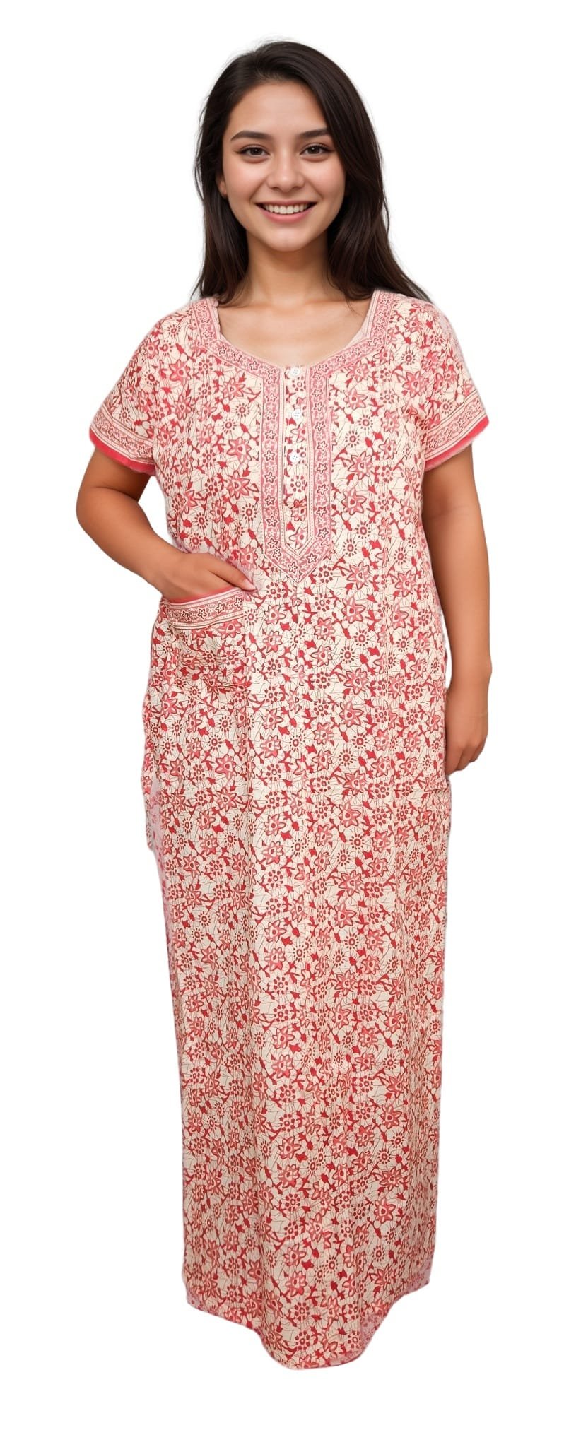 N268 2 Peach Pure Jaipuri Cotton Nighty | A-line | XL, Bust Size 42” | Length 52"| N268 - Image 3
