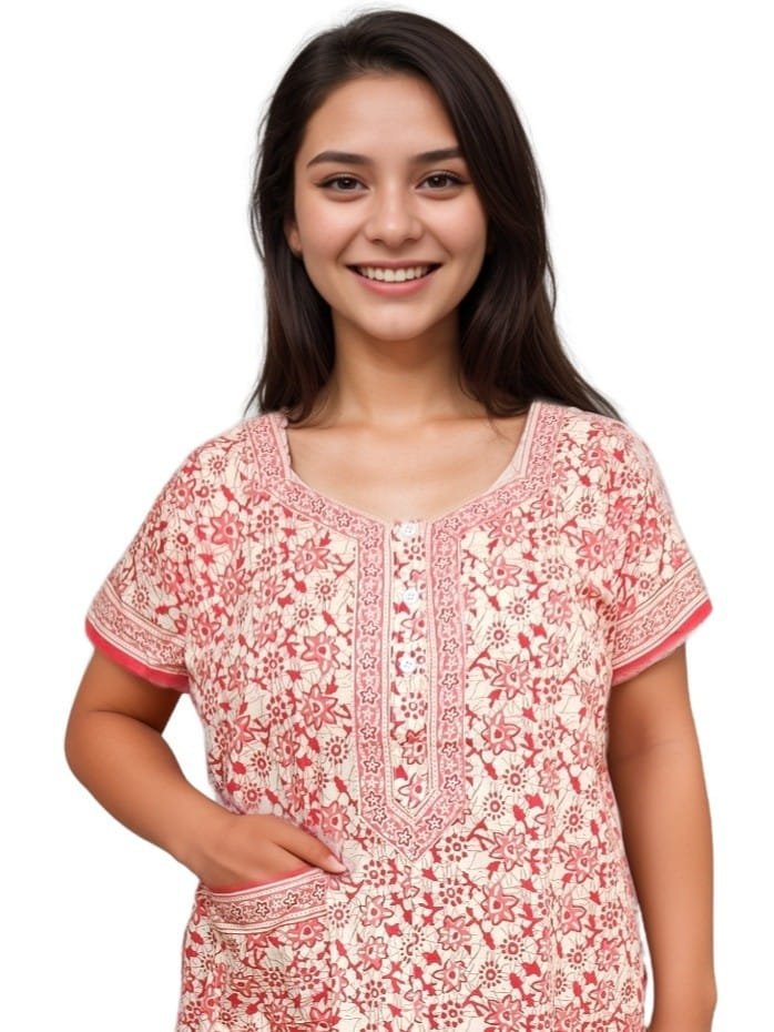 Peach Pure Jaipuri Cotton Nighty | A-line | XL, Bust Size 42” | Length 52"| N268