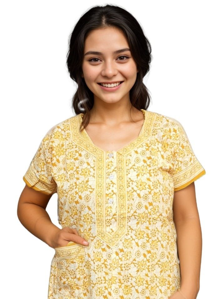 Yellow Pure Jaipuri Cotton Nighty | A-line | XL, Bust Size 42” | Length 52"| N269