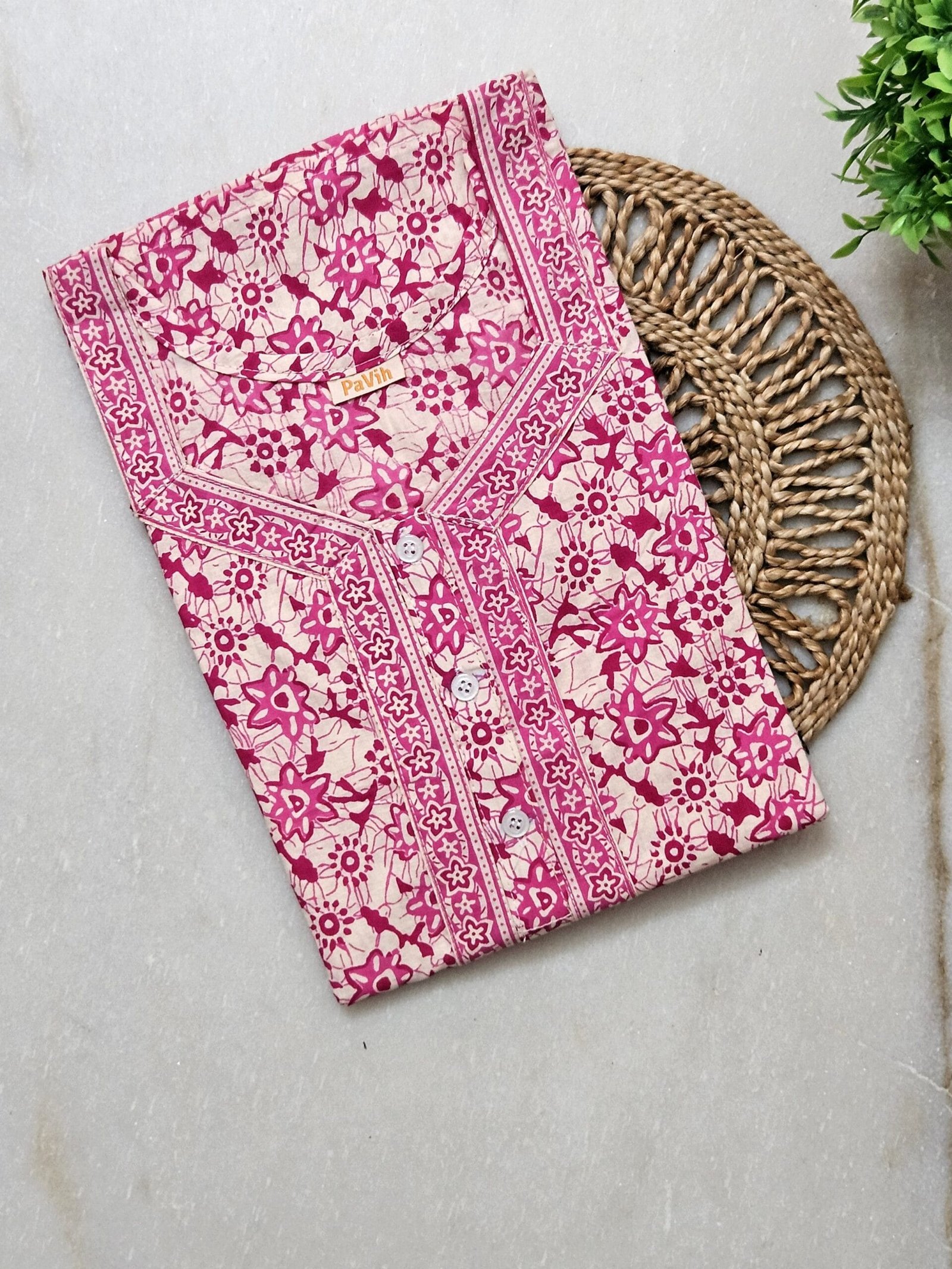 N270 1 scaled Dark Pink Pure Jaipuri Cotton Nighty | A-line | XL, Bust Size 42” | Length 52"| N270 - Image 2