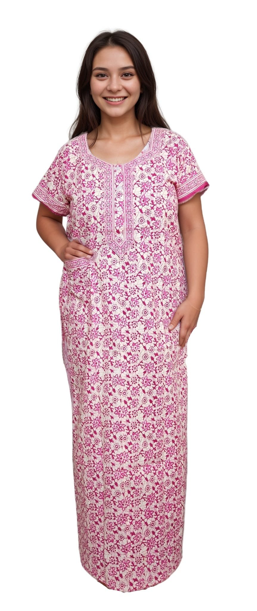 N270 2 Dark Pink Pure Jaipuri Cotton Nighty | A-line | XL, Bust Size 42” | Length 52"| N270 - Image 3
