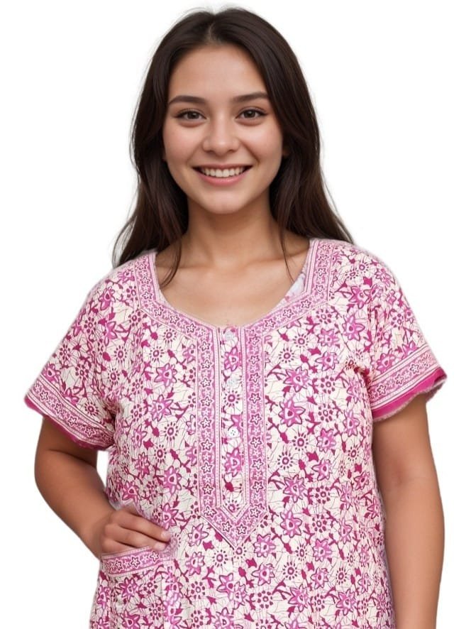 Dark Pink Pure Jaipuri Cotton Nighty | A-line | XL, Bust Size 42” | Length 52"| N270