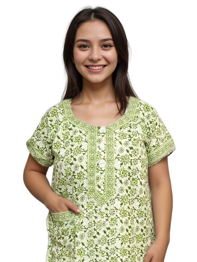 Green Pure Jaipuri Cotton Nighty | A-line | XL, Bust Size 42” | Length 52"| N271