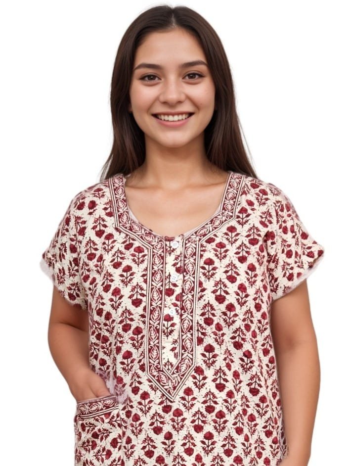 Beige and Maroon Pure Jaipuri Cotton Nighty | A-line | XL, Bust Size 42” | Length 52"| N272