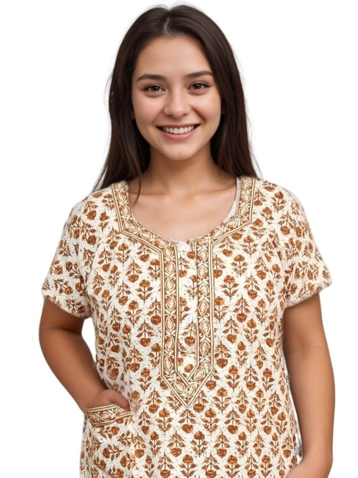 Beige and Brown Pure Jaipuri Cotton Nighty | A-line | XL, Bust Size 42” | Length 52"| N273