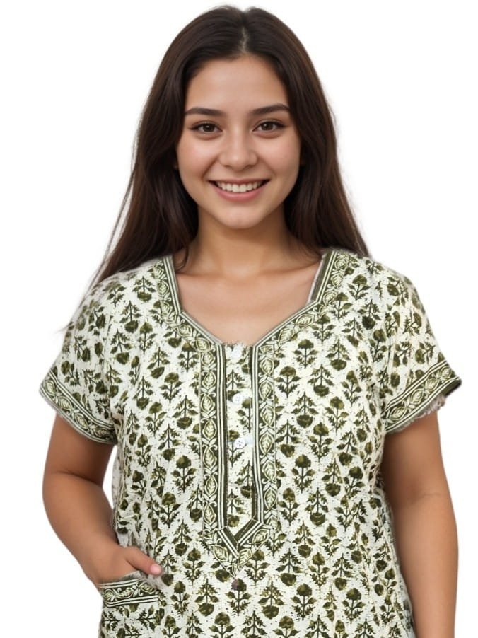 White and Dark Green Pure Jaipuri Cotton Nighty | A-line | XL, Bust Size 42” | Length 52"| N274