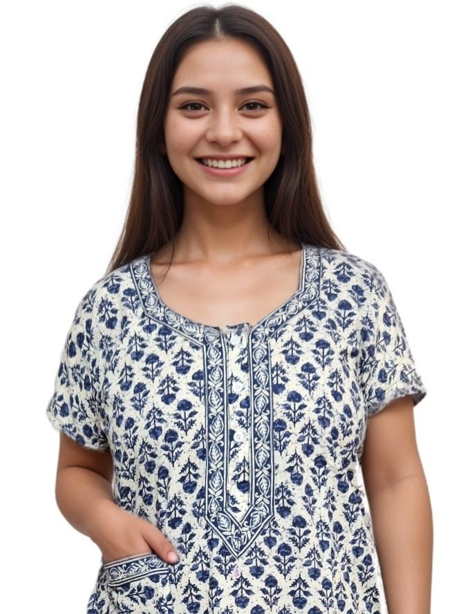 White and Dark Blue Pure Jaipuri Cotton Nighty | A-line | XL, Bust Size 42” | Length 52"| N275