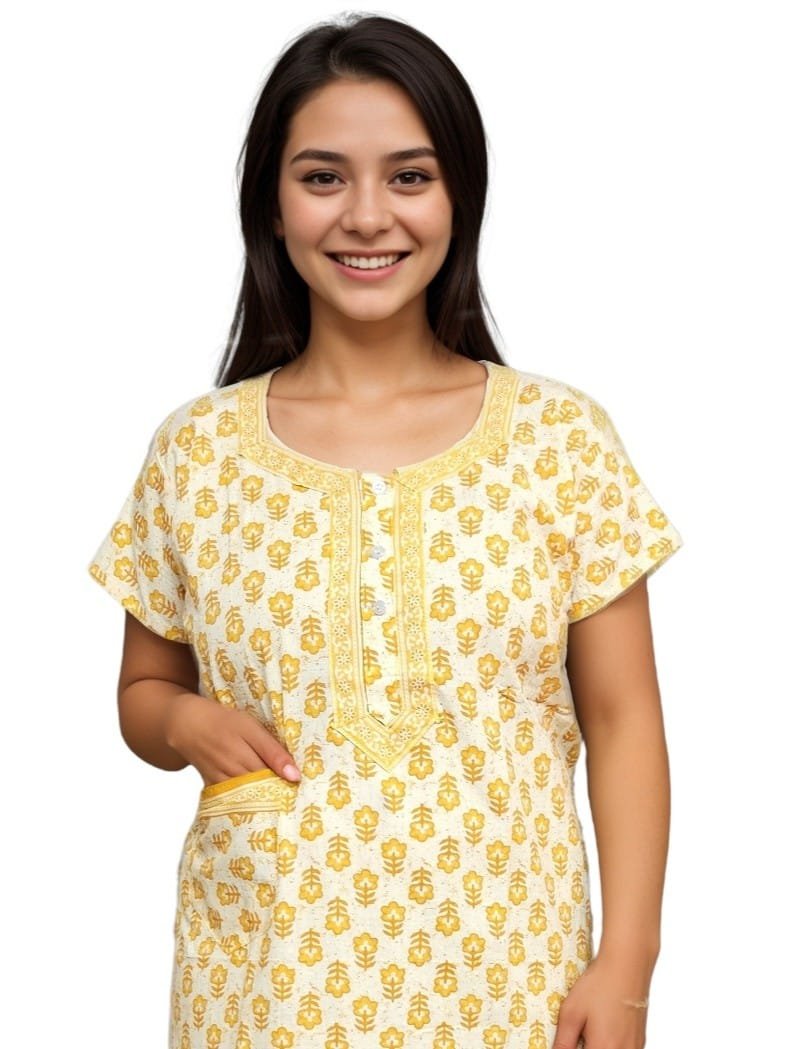 Yellow and Beige Pure Jaipuri Cotton Nighty | A-line | XL, Bust Size 42” | Length 52"| N276