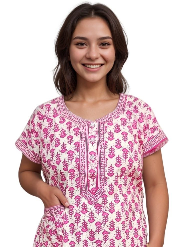 Dark Pink and Beige Pure Jaipuri Cotton Nighty | A-line | XL, Bust Size 42” | Length 52"| N277