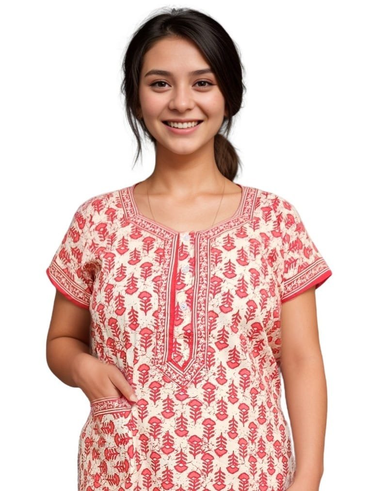 Dark Peach and Beige Pure Jaipuri Cotton Nighty | A-line | XL, Bust Size 42” | Length 52"| N278