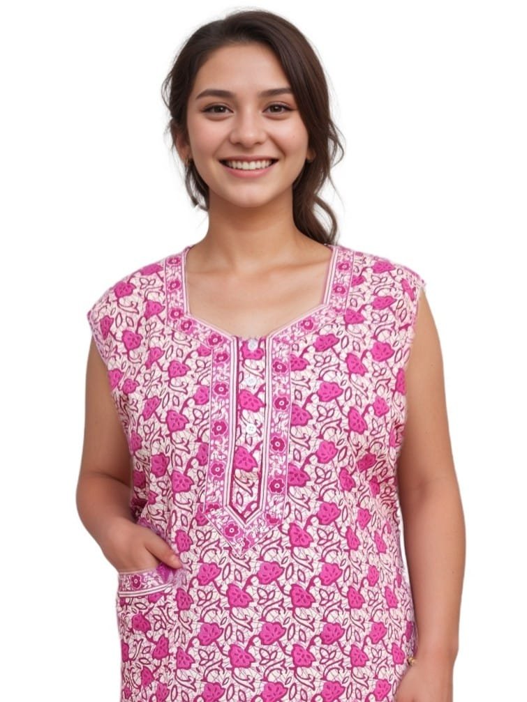 Dark Pink and White Pure Jaipuri Cotton Nighty | A-line | XXL, Bust Size 44” | Length 54"| N279