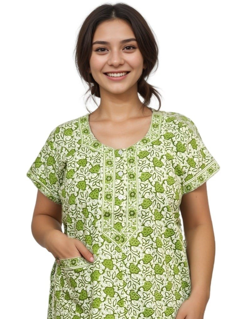 Green and White Pure Jaipuri Cotton Nighty | A-line | XXL, Bust Size 44” | Length 54"| N280