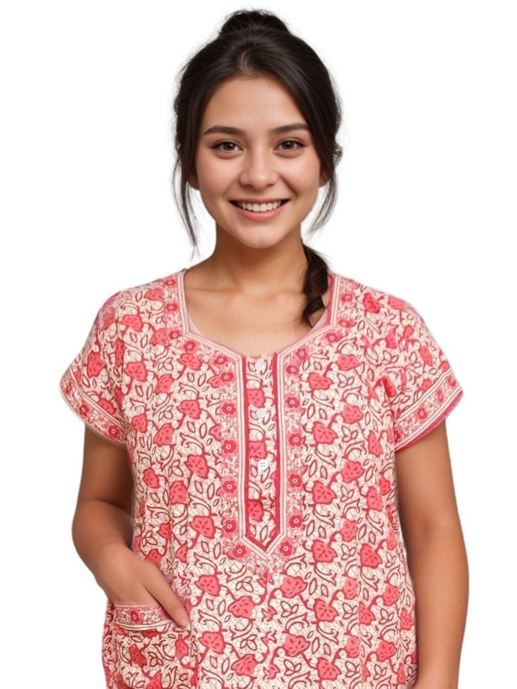Dark Orange and White Pure Jaipuri Cotton Nighty | A-line | XXL, Bust Size 44” | Length 54"| N281