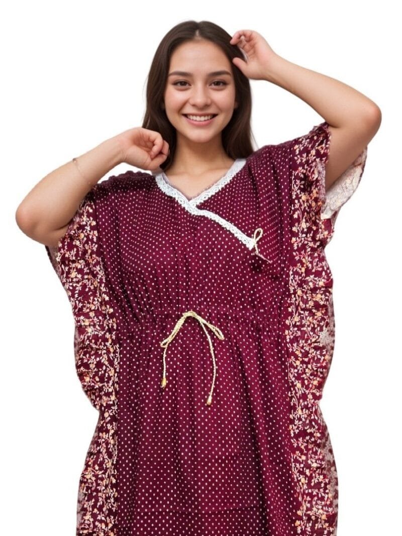Dark Maroon Polka Dot Print Lace Neck Pure Cotton Kaftan (With Side Frills) | Plus Size Nighty | 3XL, Bust Size 52” | K09