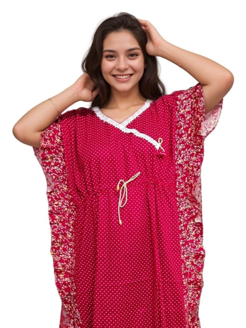 Red Polka Dot Print Lace Neck Pure Cotton Kaftan (With Side Frills) | Plus Size Nighty | 3XL, Bust Size 52” | K10