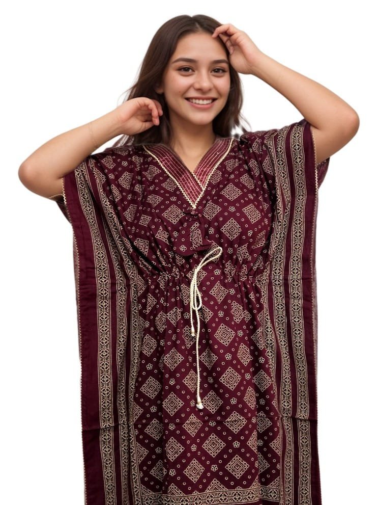 Dark Maroon Pure Cotton V Neck Kaftan (With Picot-trim) | Plus Size Nighty | 4XL, Bust Size 56” | K11