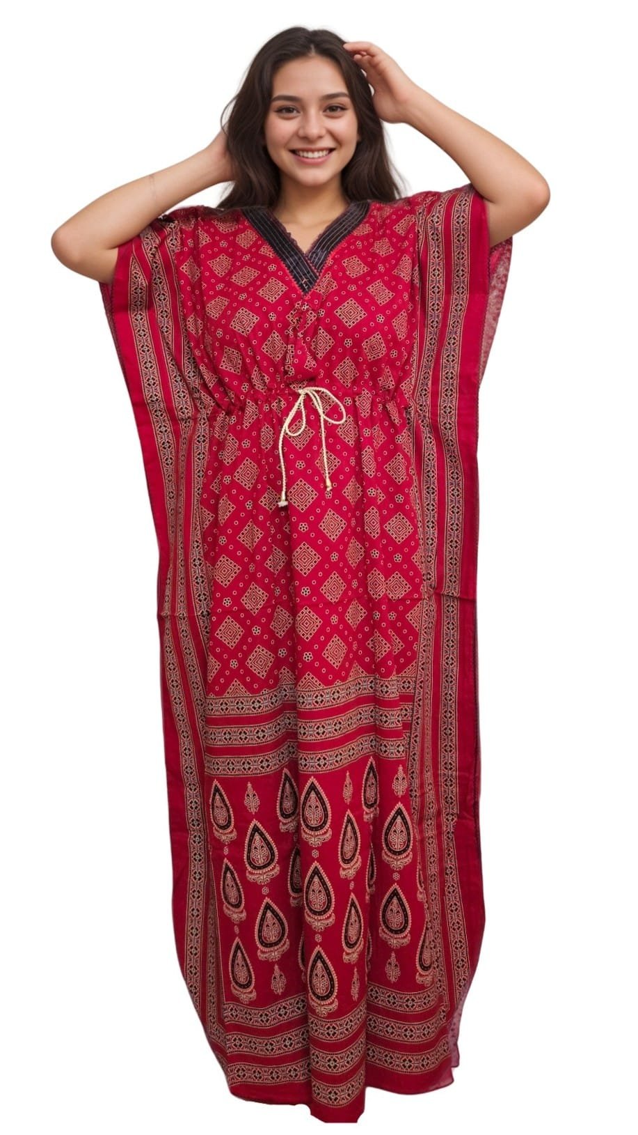 K12 2 Red Pure Cotton V Neck Kaftan (With Picot-trim) | Plus Size Nighty | 4XL, Bust Size 56” | K12 - Image 4