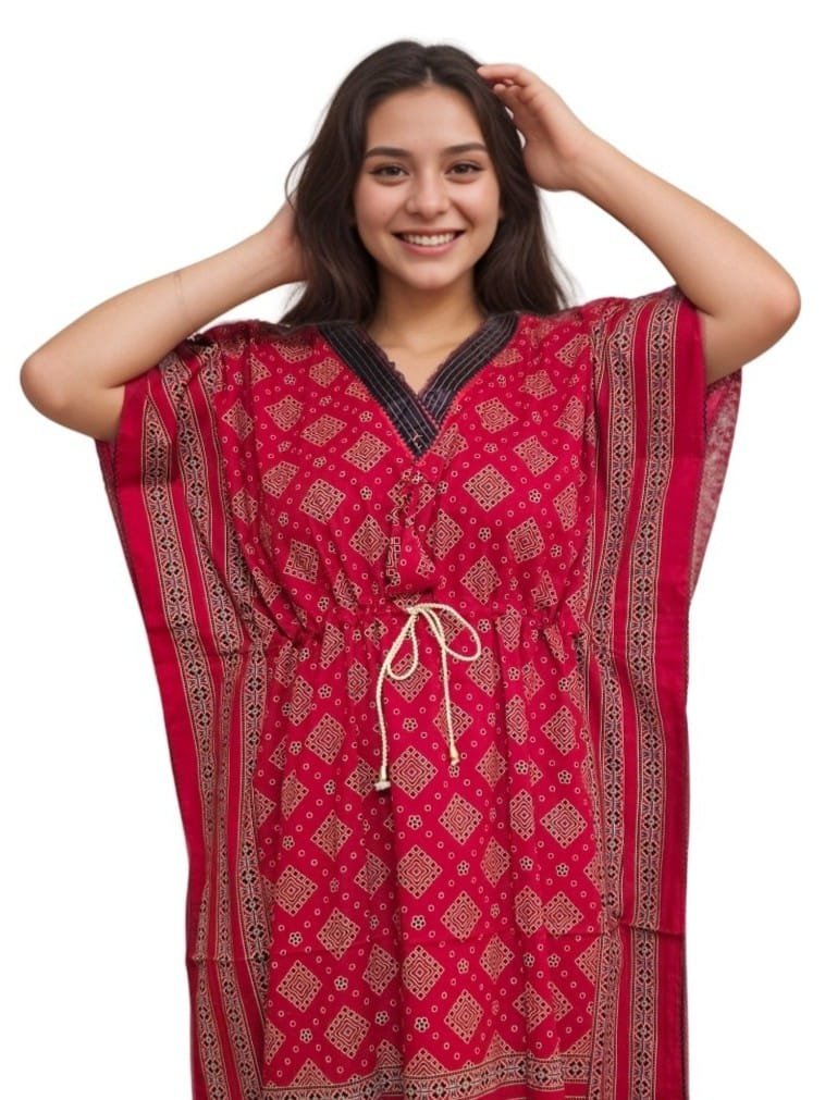 Red Pure Cotton V Neck Kaftan (With Picot-trim) | Plus Size Nighty | 4XL, Bust Size 56” | K12