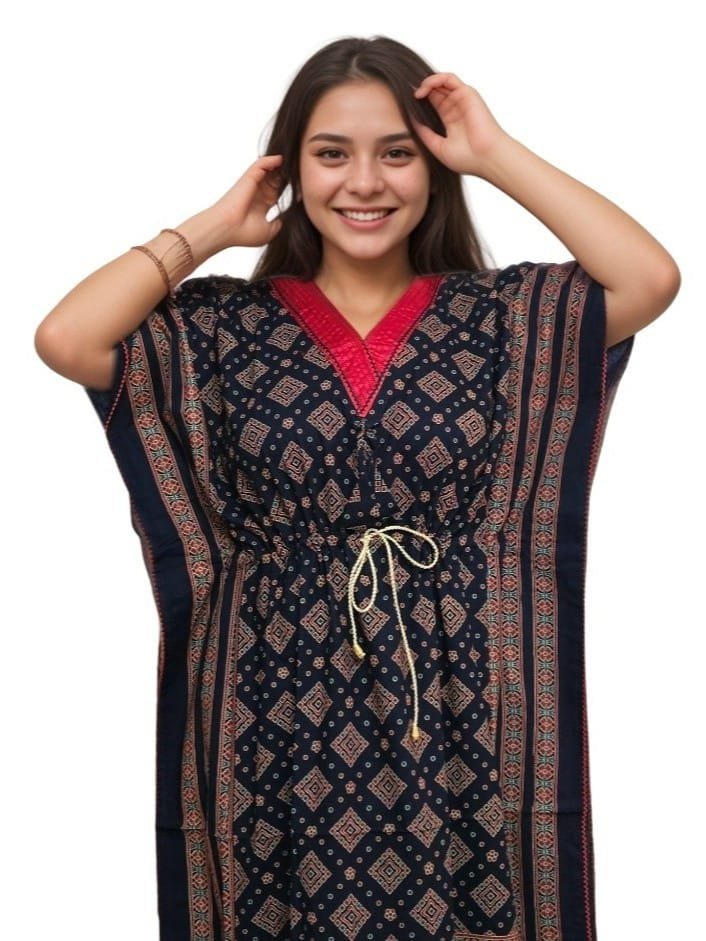 Dark Navy Blue Pure Cotton V Neck Kaftan (With Picot-trim) | Plus Size Nighty | 4XL, Bust Size 56” | K13