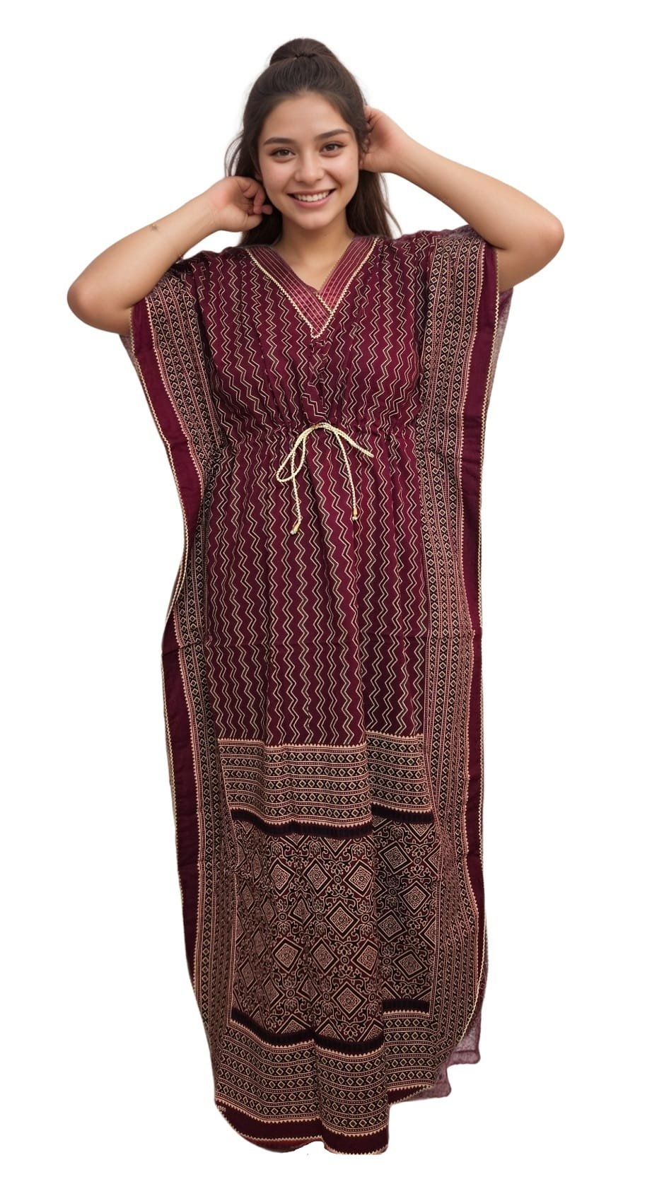 K14 2 Dark Maroon Pure Cotton V Neck Kaftan (With Picot-trim) | Plus Size Nighty | 4XL, Bust Size 56” | K14 - Image 4