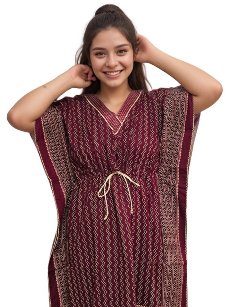 Dark Maroon Pure Cotton V Neck Kaftan (With Picot-trim) | Plus Size Nighty | 4XL, Bust Size 56” | K14