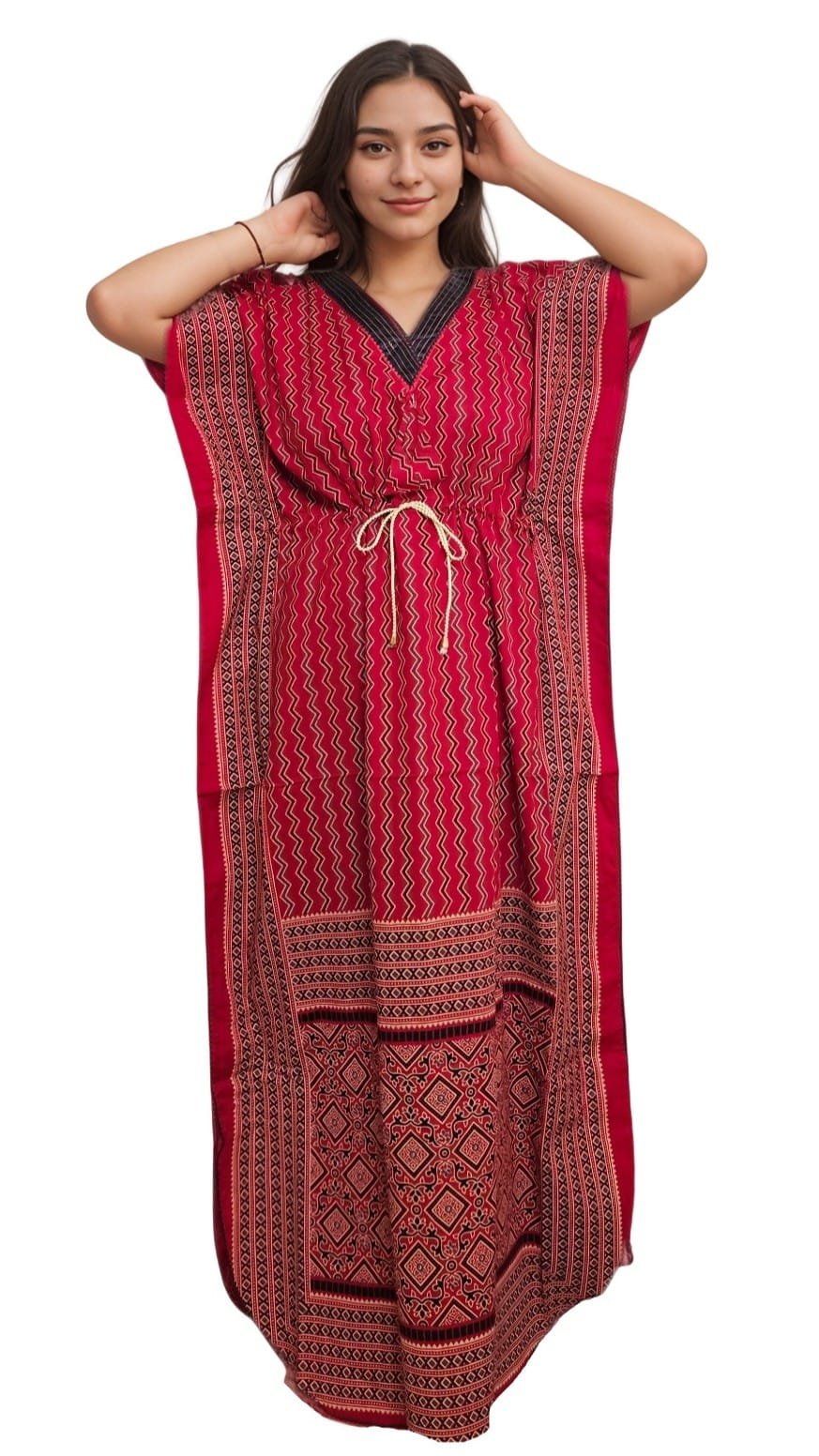 K15 2 Red Pure Cotton V Neck Kaftan (With Picot-trim) | Plus Size Nighty | 4XL, Bust Size 56” | K15 - Image 4