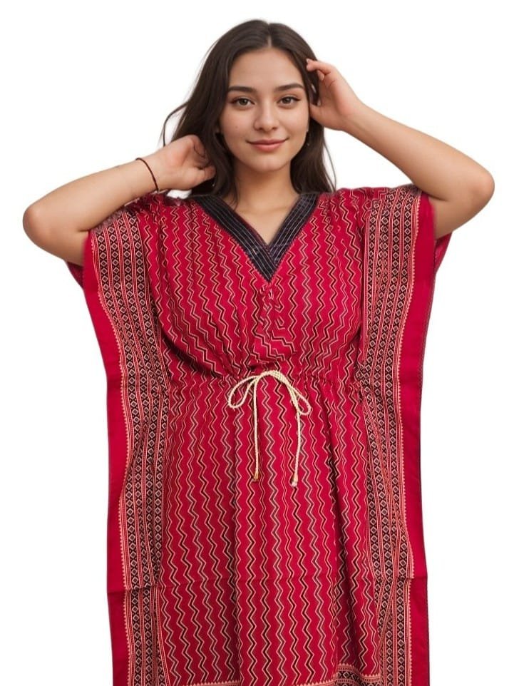 Red Pure Cotton V Neck Kaftan (With Picot-trim) | Plus Size Nighty | 4XL, Bust Size 56” | K15