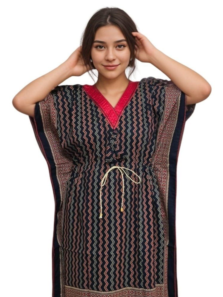 Dark Navy Blue Pure Cotton V Neck Kaftan (With Picot-trim) | Plus Size Nighty | 4XL, Bust Size 56” | K16