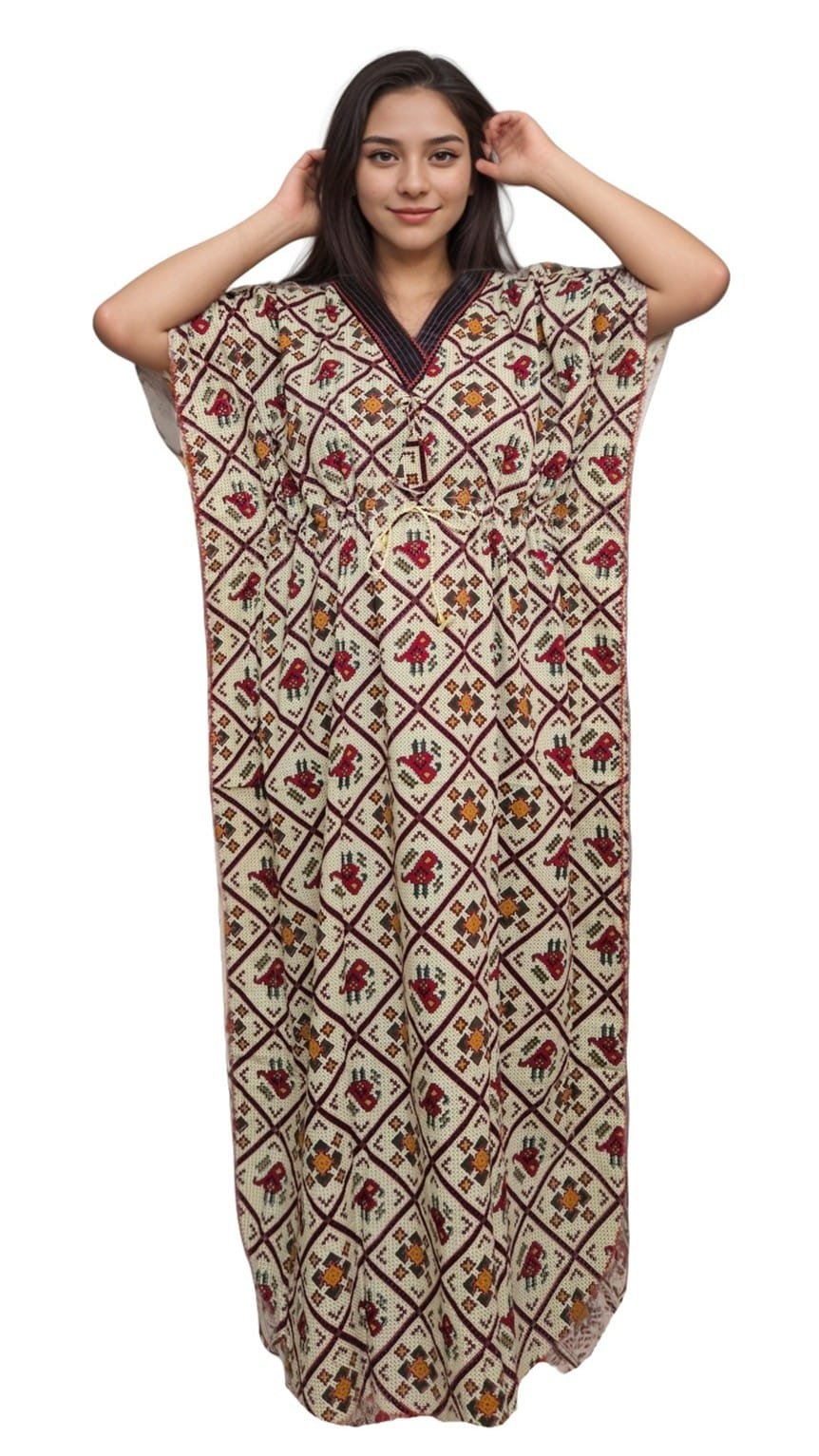 K17 2 Beige Patola Print V Navy Blue Neck Pure Cotton Kaftan (With Picot-trim) | Plus Size Nighty | 4XL, Bust Size 56” | K17 - Image 4
