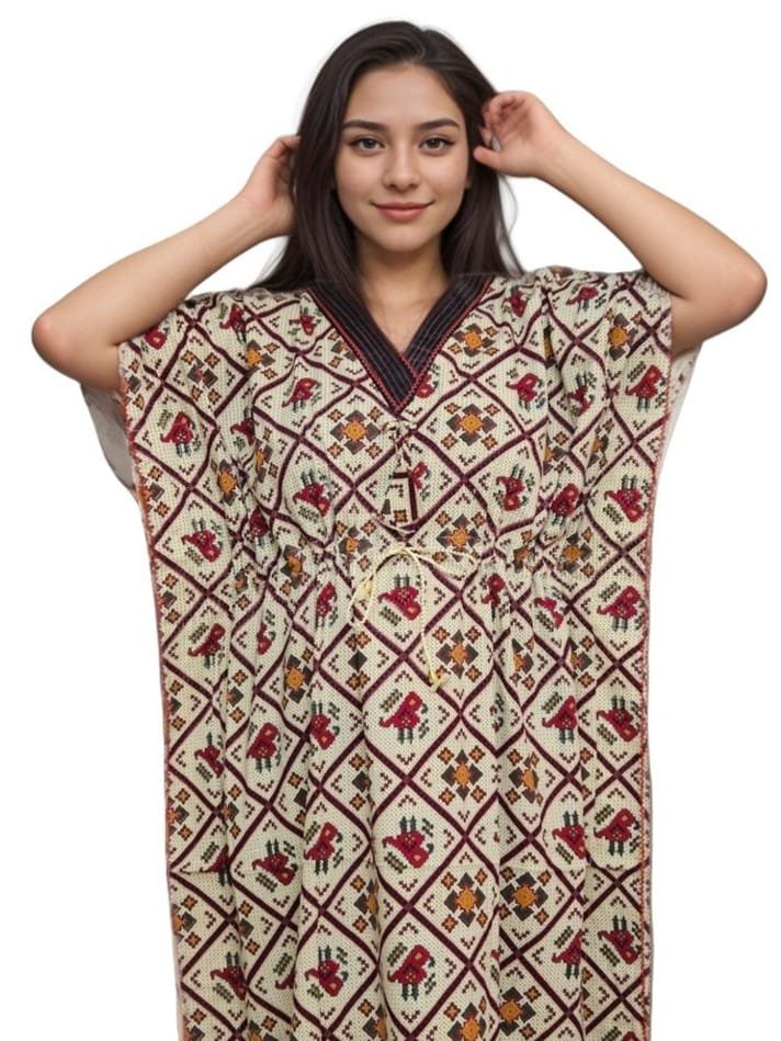 Beige Patola Print V Navy Blue Neck Pure Cotton Kaftan (With Picot-trim) | Plus Size Nighty | 4XL, Bust Size 56” | K17
