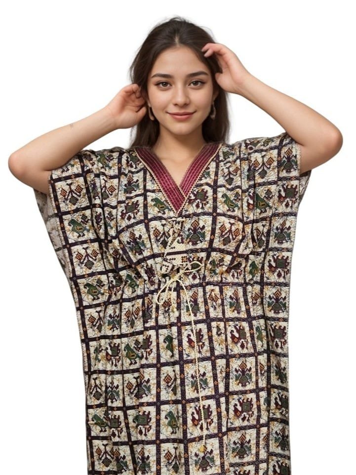 Beige Patola Print V Maroon Neck Pure Cotton Kaftan (With Picot-trim) | Plus Size Nighty | 4XL, Bust Size 56” | K18