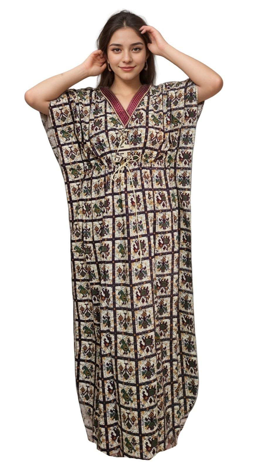 K18 3 Beige Patola Print V Maroon Neck Pure Cotton Kaftan (With Picot-trim) | Plus Size Nighty | 4XL, Bust Size 56” | K18 - Image 4