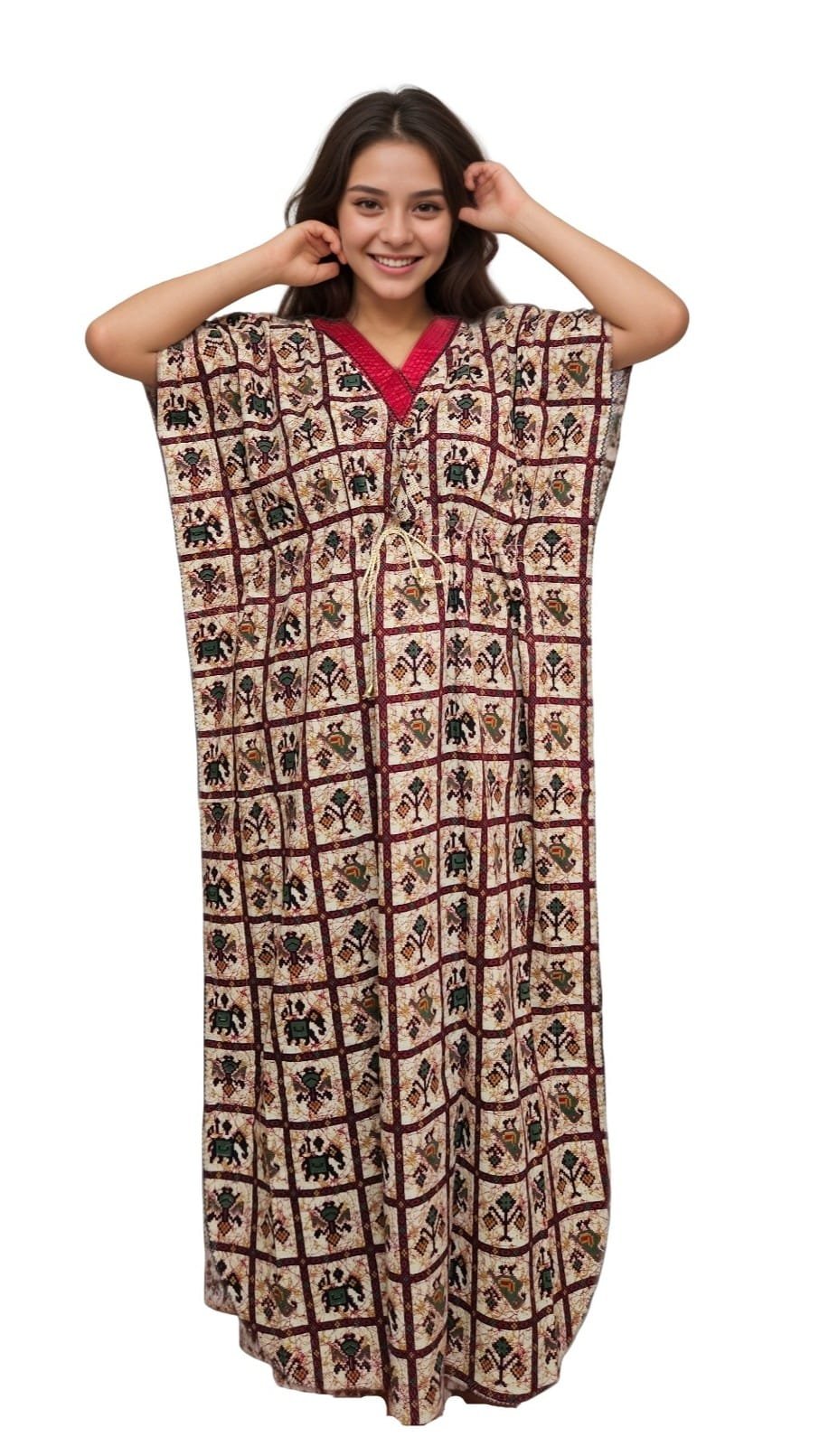 K19 2 Beige Patola Print V Red Neck Pure Cotton Kaftan (With Picot-trim) | Plus Size Nighty | 4XL, Bust Size 56” | K19 - Image 4