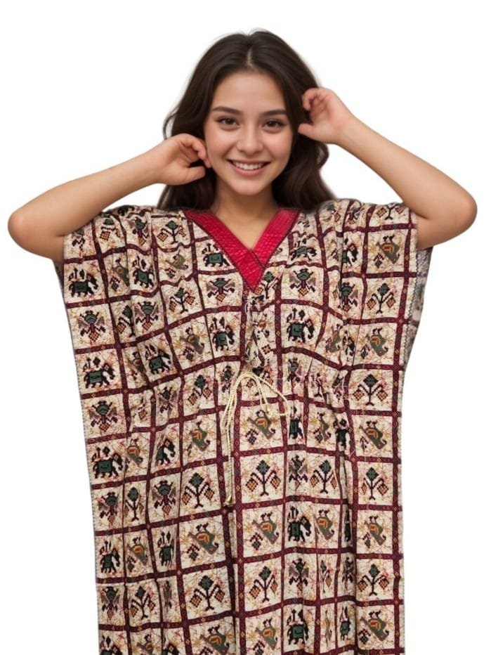 Beige Patola Print V Red Neck Pure Cotton Kaftan (With Picot-trim) | Plus Size Nighty | 4XL, Bust Size 56” | K19