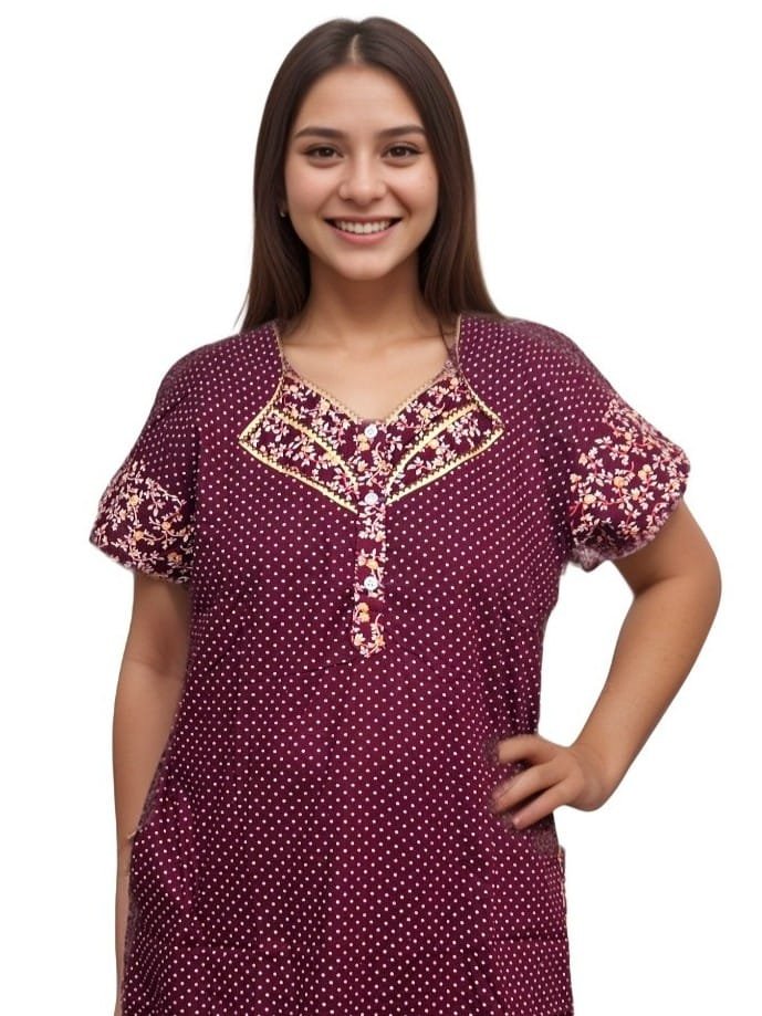 Maroon Polka Dot Print Designer Pure Cotton Nighty | A-line | XL, Bust Size 46”| Length 55"| N253