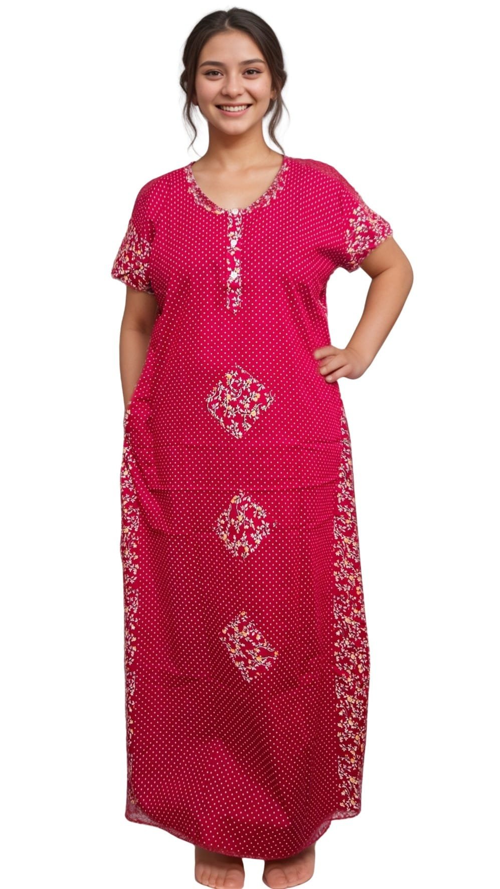 N254 2 Red Polka Dot Print Designer Pure Cotton Nighty | A-line | XXL, Bust Size 48”| Length 54"| N254 - Image 3